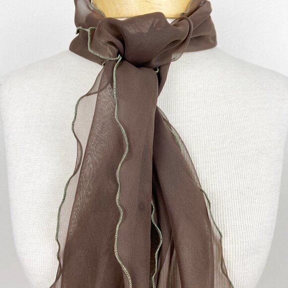 VINTAGE | Long Sheer Brown Scarf w/Green Stitched Edge - Picture 1 of 5